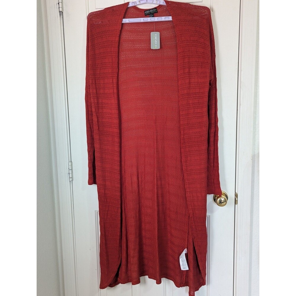 Forever 21 Long Open L/S Cardigan Womens 1X Rust Red Stripe Knit Stretch Boho